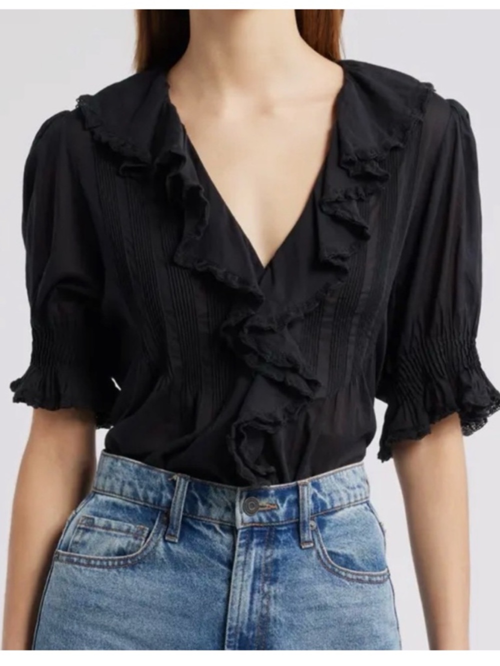 Doen Black Eyelet Ruffle Button-Front Top - Picture 2 of 14